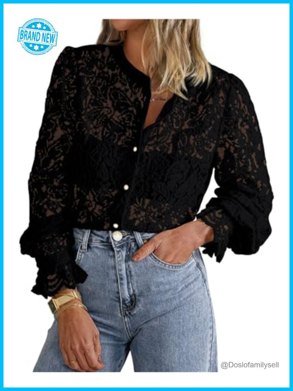 Women's Long Sleeve Lace Button Up Blouse Crewneck Work Top